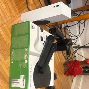 White Gaming Console with Black Microphones